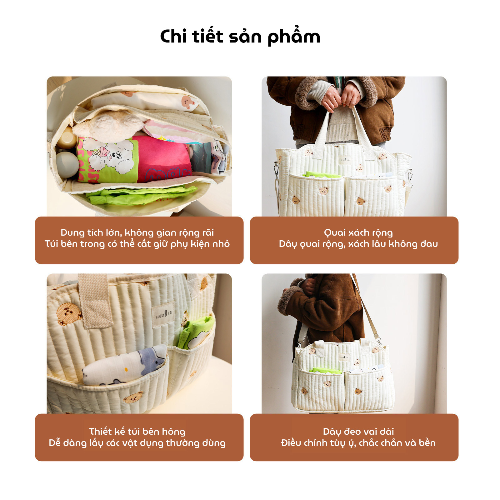Túi bỉm sữa CALLUX KIDS túi đựng đồ cho mẹ và bé có thiết kế chần bông và thêu hình theo phong cách Hàn Quốc