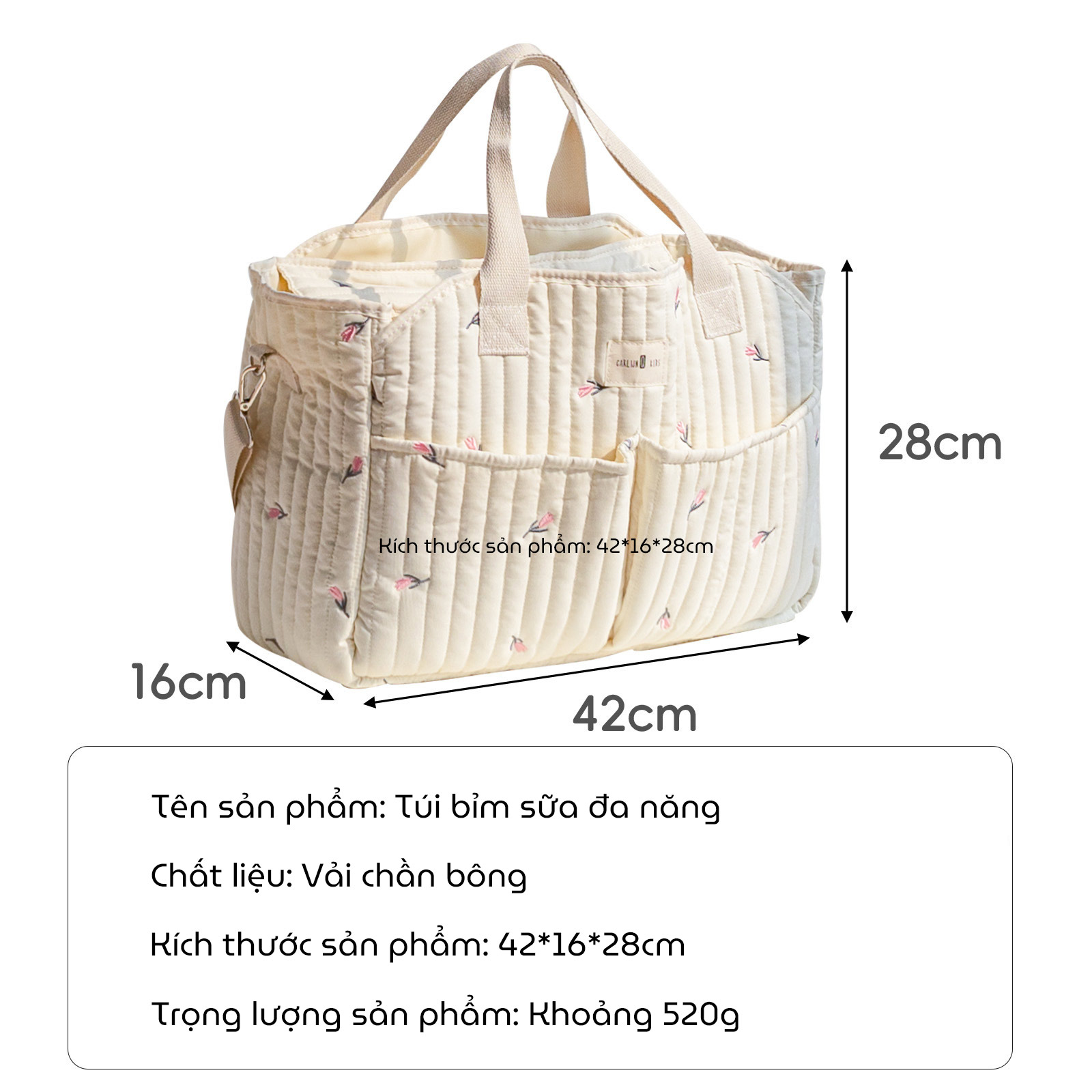 Túi bỉm sữa CALLUX KIDS túi đựng đồ cho mẹ và bé có thiết kế chần bông và thêu hình theo phong cách Hàn Quốc