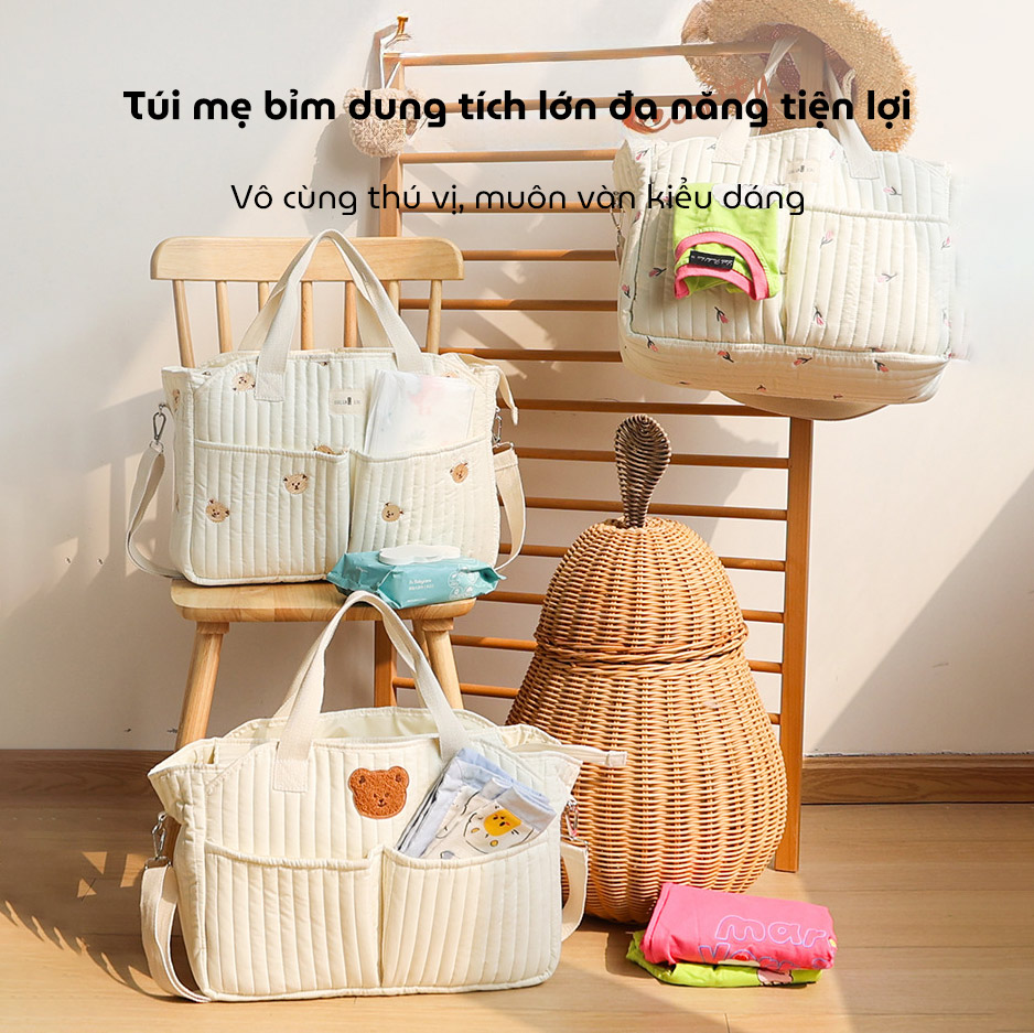 Túi bỉm sữa CALLUX KIDS túi đựng đồ cho mẹ và bé có thiết kế chần bông và thêu hình theo phong cách Hàn Quốc