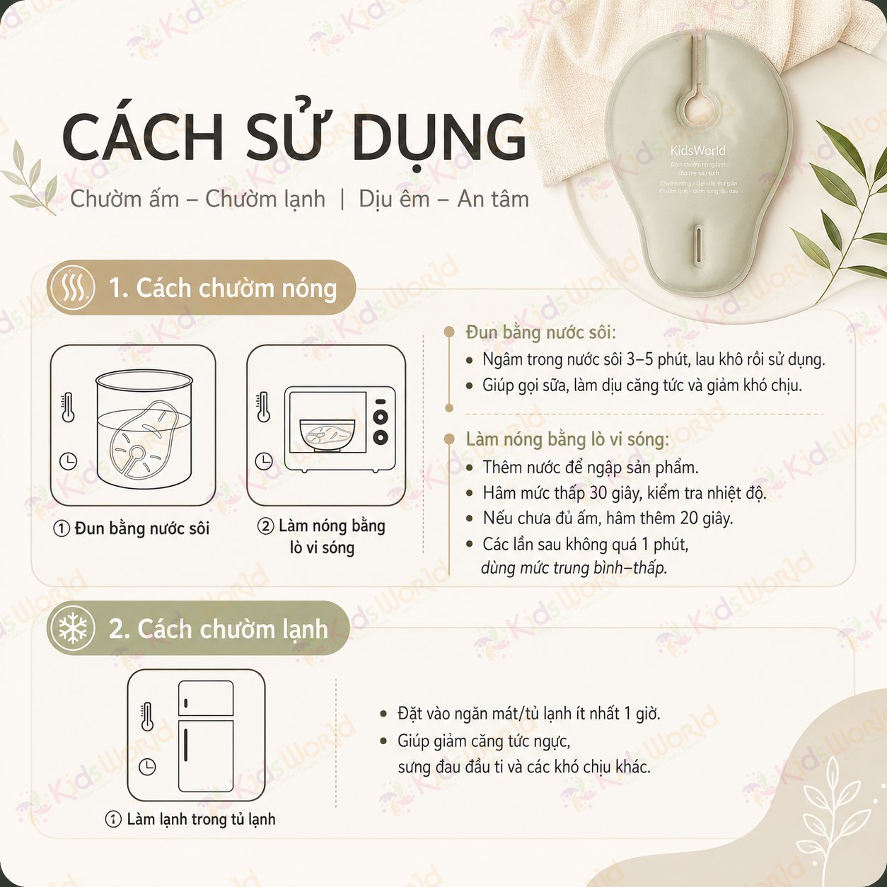 Túi chườm ngực nóng lạnh thông tia sữa KidsWorld 2 chiều cho mẹ sau sinh giảm căng tức bầu ngực, hỗ trợ hút sữa, kích sữa về nhanh hơn