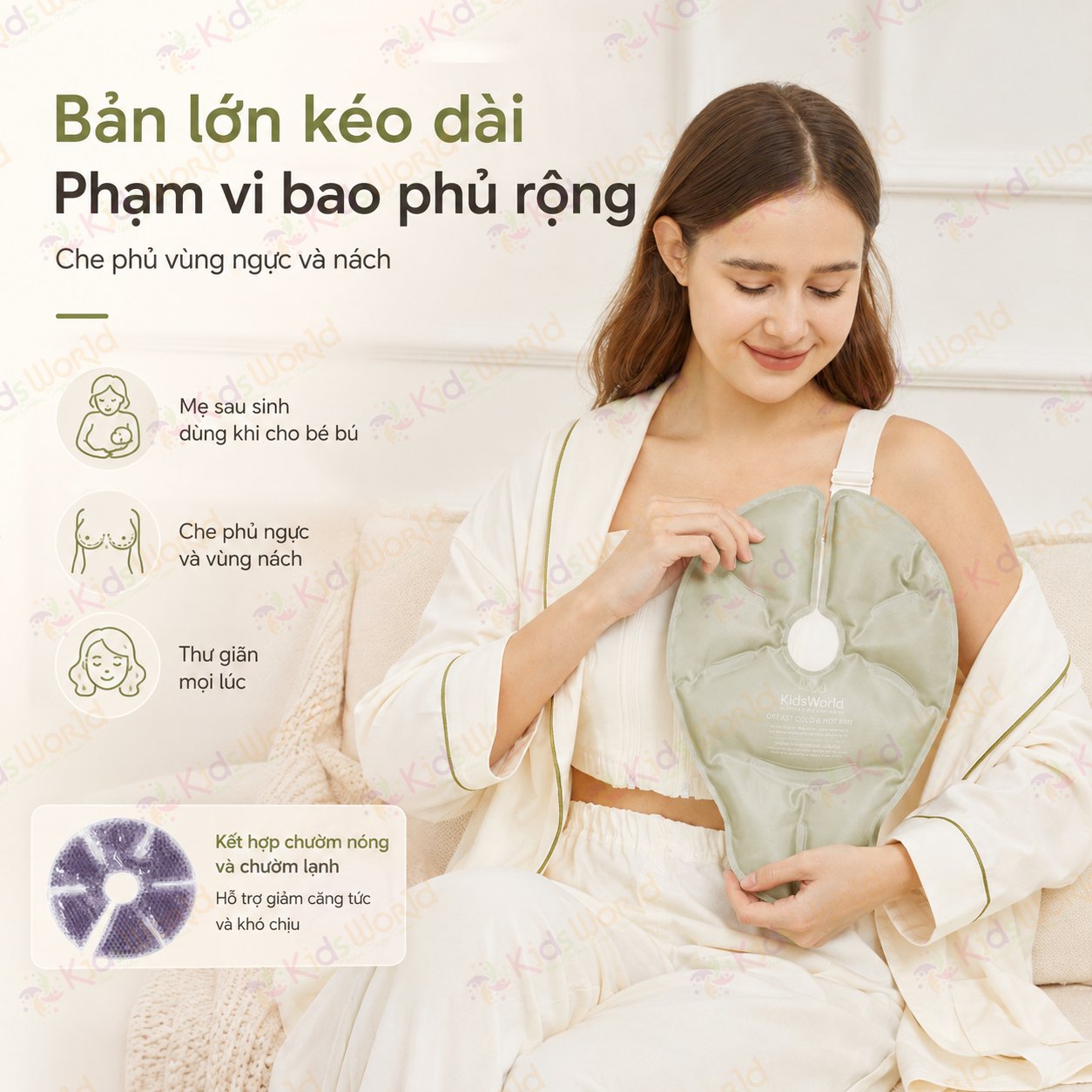 Túi chườm ngực nóng lạnh thông tia sữa KidsWorld 2 chiều cho mẹ sau sinh giảm căng tức bầu ngực, hỗ trợ hút sữa, kích sữa về nhanh hơn