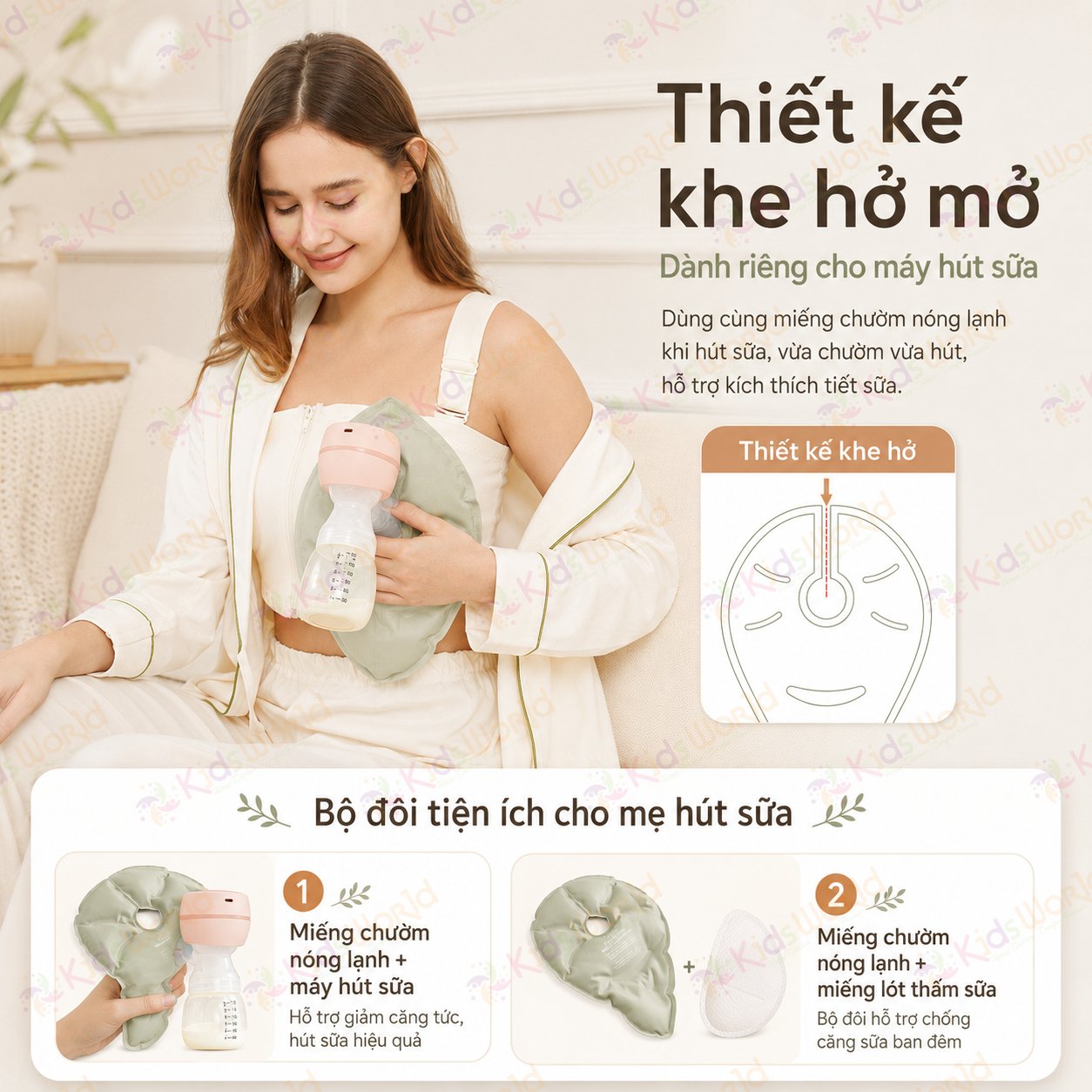 Túi chườm ngực nóng lạnh thông tia sữa KidsWorld 2 chiều cho mẹ sau sinh giảm căng tức bầu ngực, hỗ trợ hút sữa, kích sữa về nhanh hơn