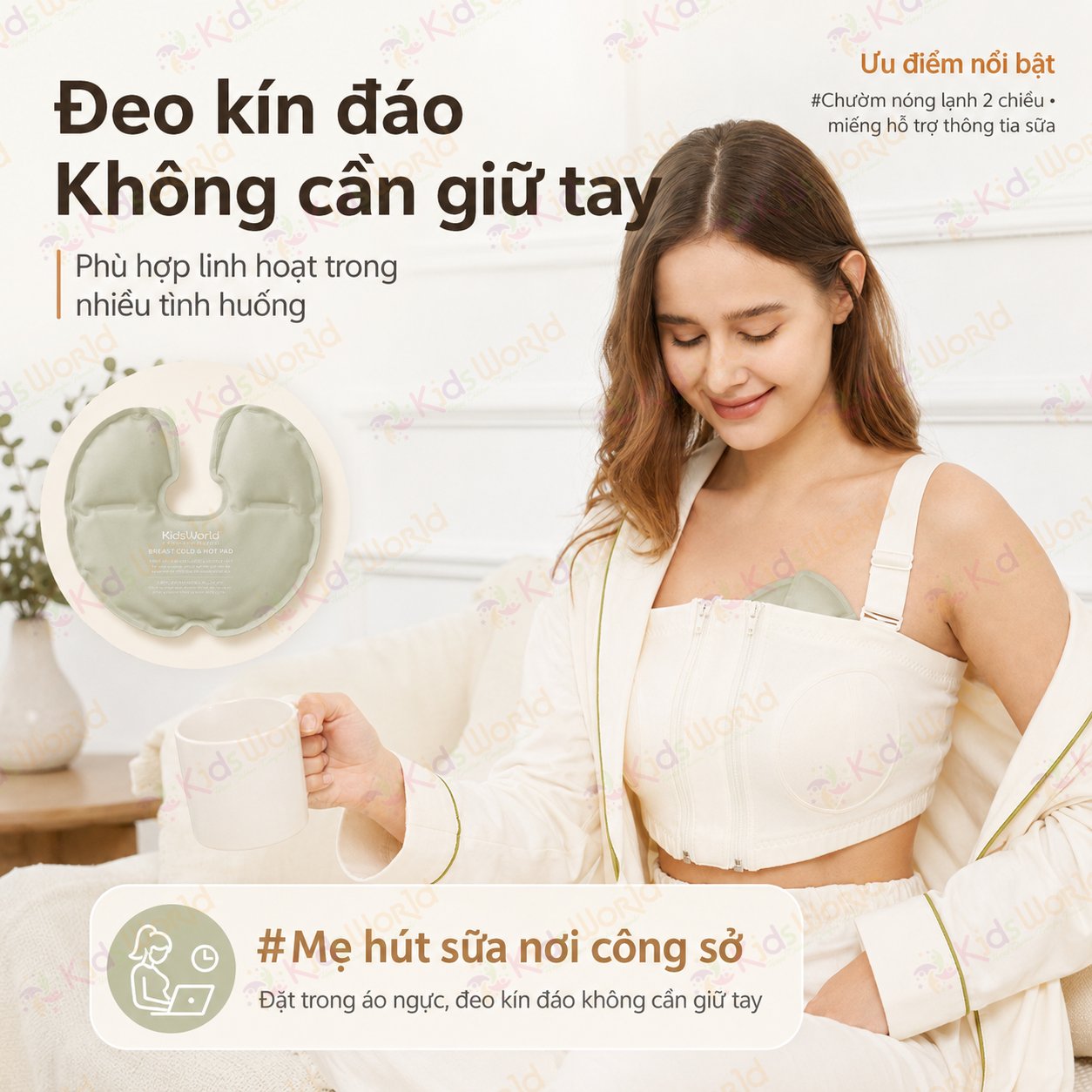Túi chườm ngực nóng lạnh thông tia sữa KidsWorld 2 chiều cho mẹ sau sinh giảm căng tức bầu ngực, hỗ trợ hút sữa, kích sữa về nhanh hơn