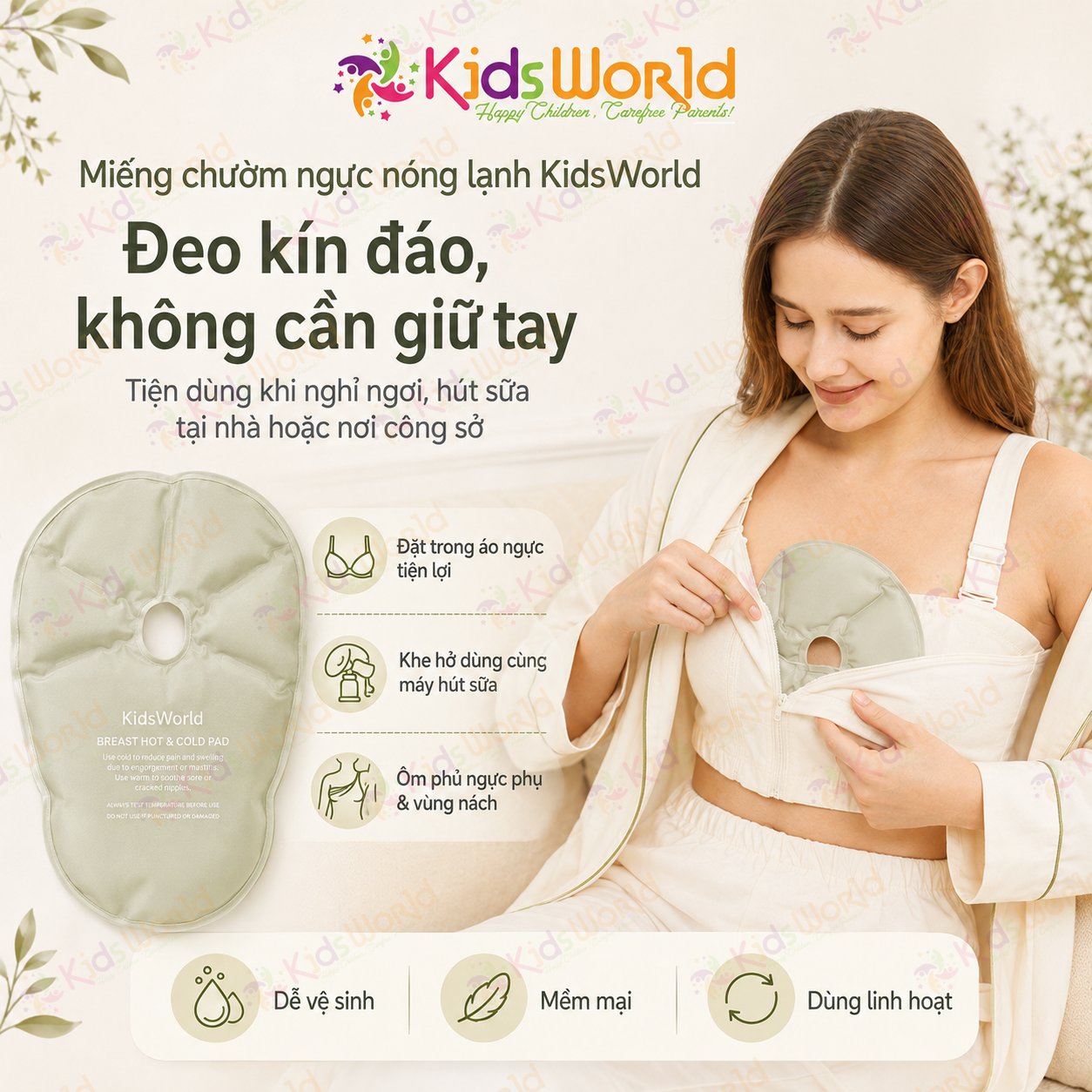 Túi chườm ngực nóng lạnh thông tia sữa KidsWorld 2 chiều cho mẹ sau sinh giảm căng tức bầu ngực, hỗ trợ hút sữa, kích sữa về nhanh hơn
