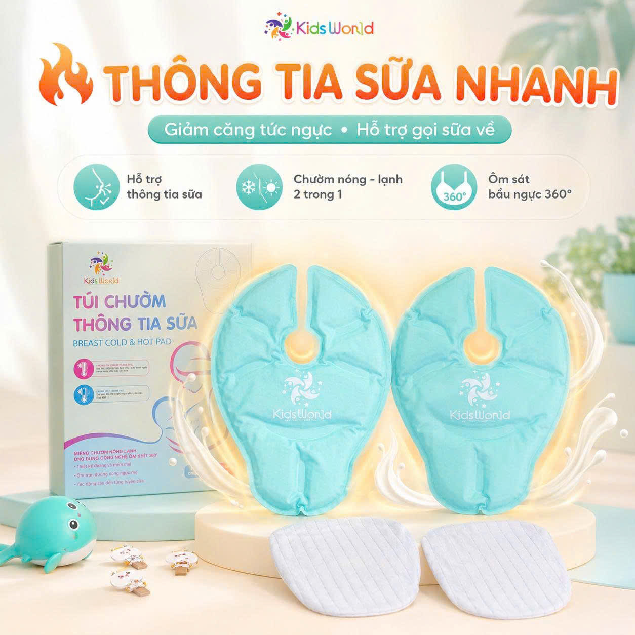 Túi chườm ngực thông tắc tia sữa nóng lạnh KidsWorld giúp mẹ giảm đau, kích sữa về nhanh hơn