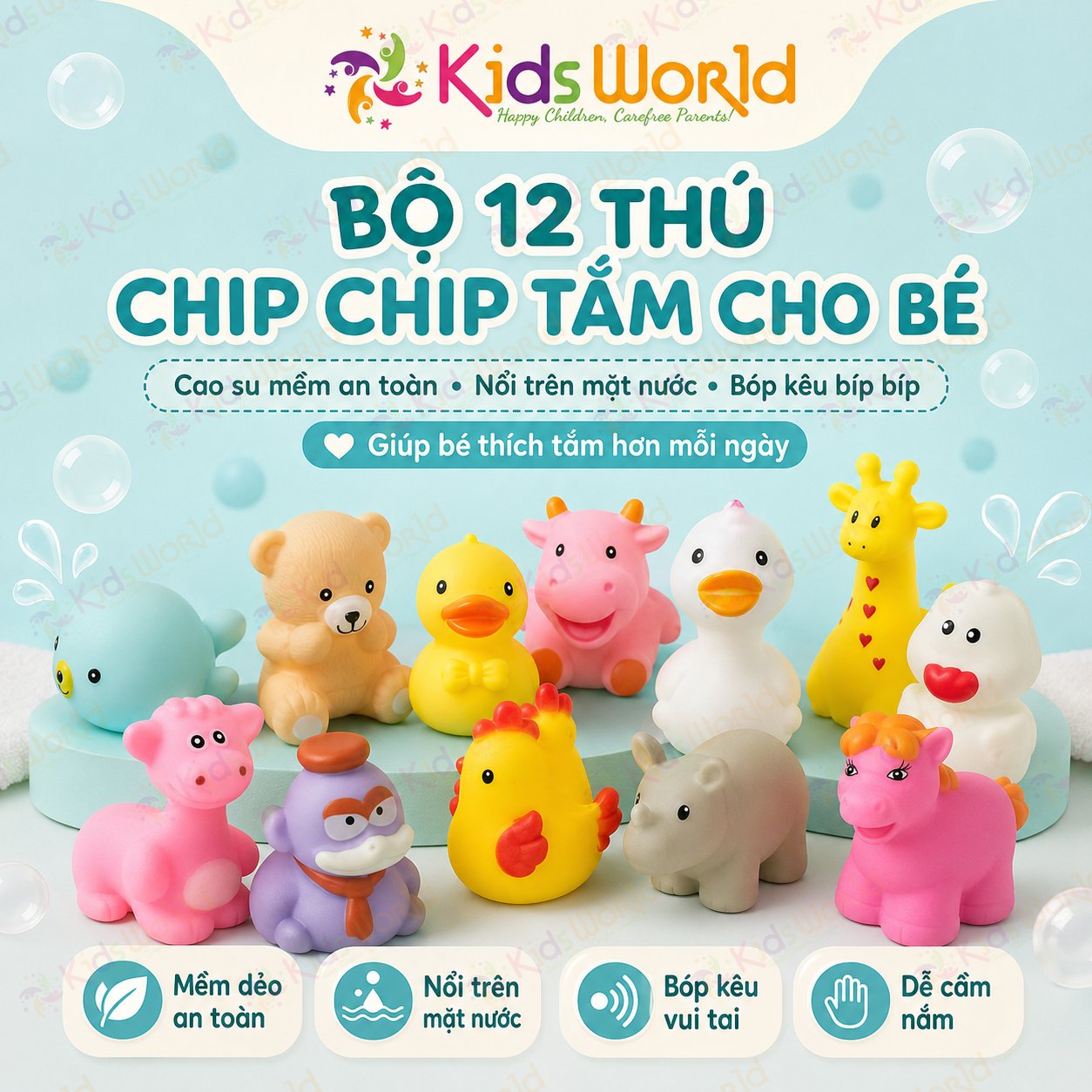 Túi đồ chơi tắm cho bé 12 con thú chip chip vui nhộn, đồ chơi cao su mềm nổi trên mặt nước, bóp kêu bíp bíp, tạo hình đáng yêu cho bé tắm ngoan hơn