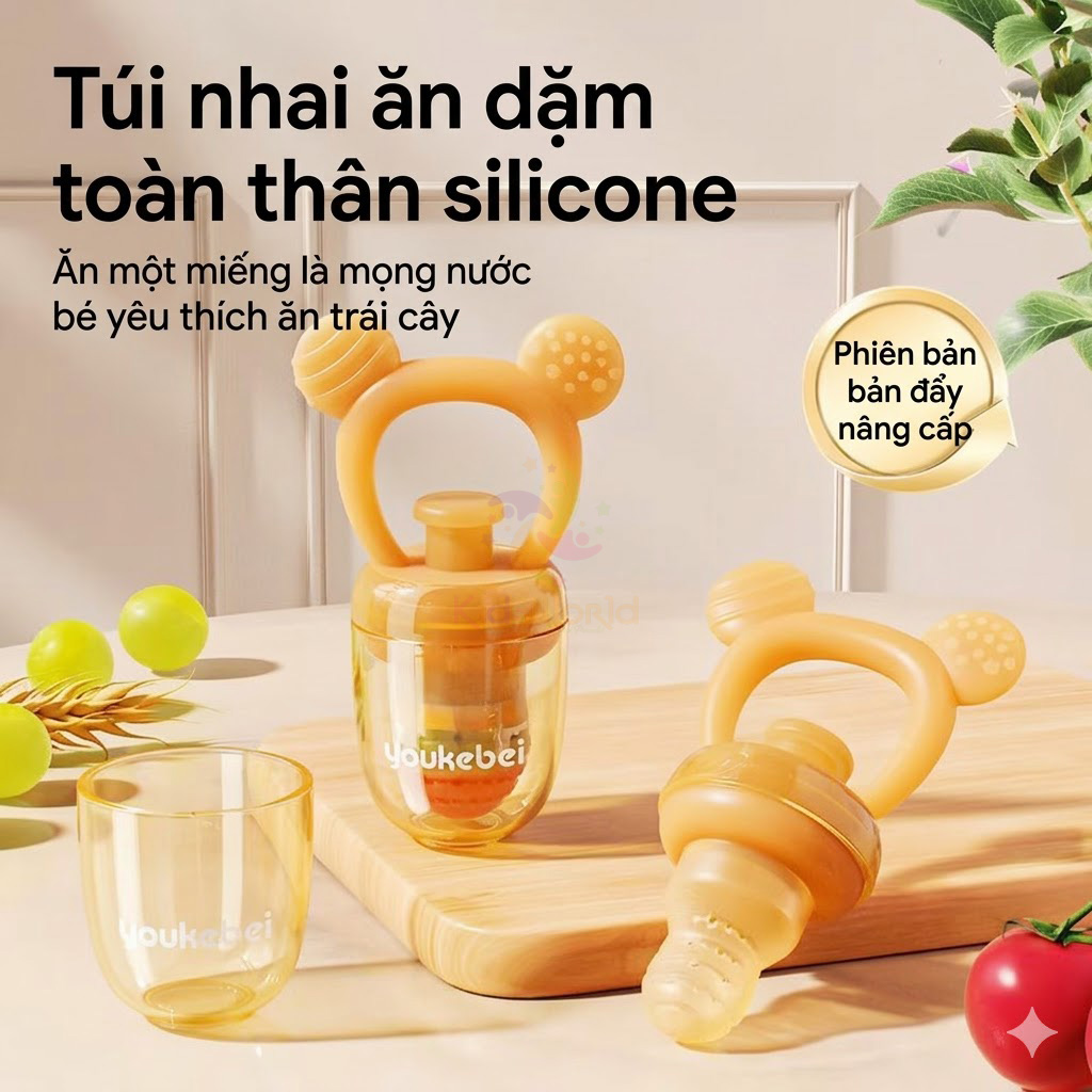 Túi nhai ăn dặm chống hóc silicon cao cấp Youkebei YKB69218 núm nhai trái cây đẩy xoay thông minh cho bé từ 4 tháng tuổi
