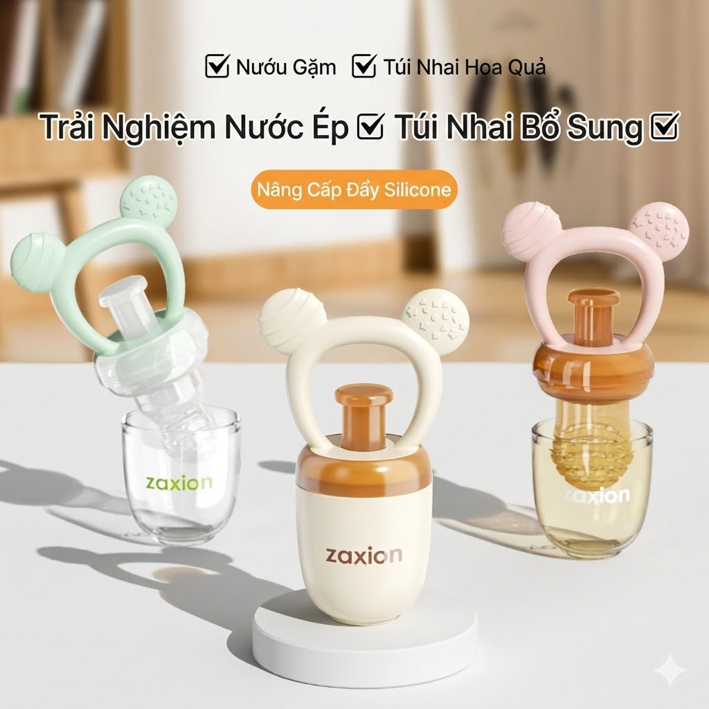 Túi nhai ăn dặm silicone Zaxion XZX69219 thiết kế dạng đẩy thông minh, vừa là túi nhai, vừa là gặm nướu