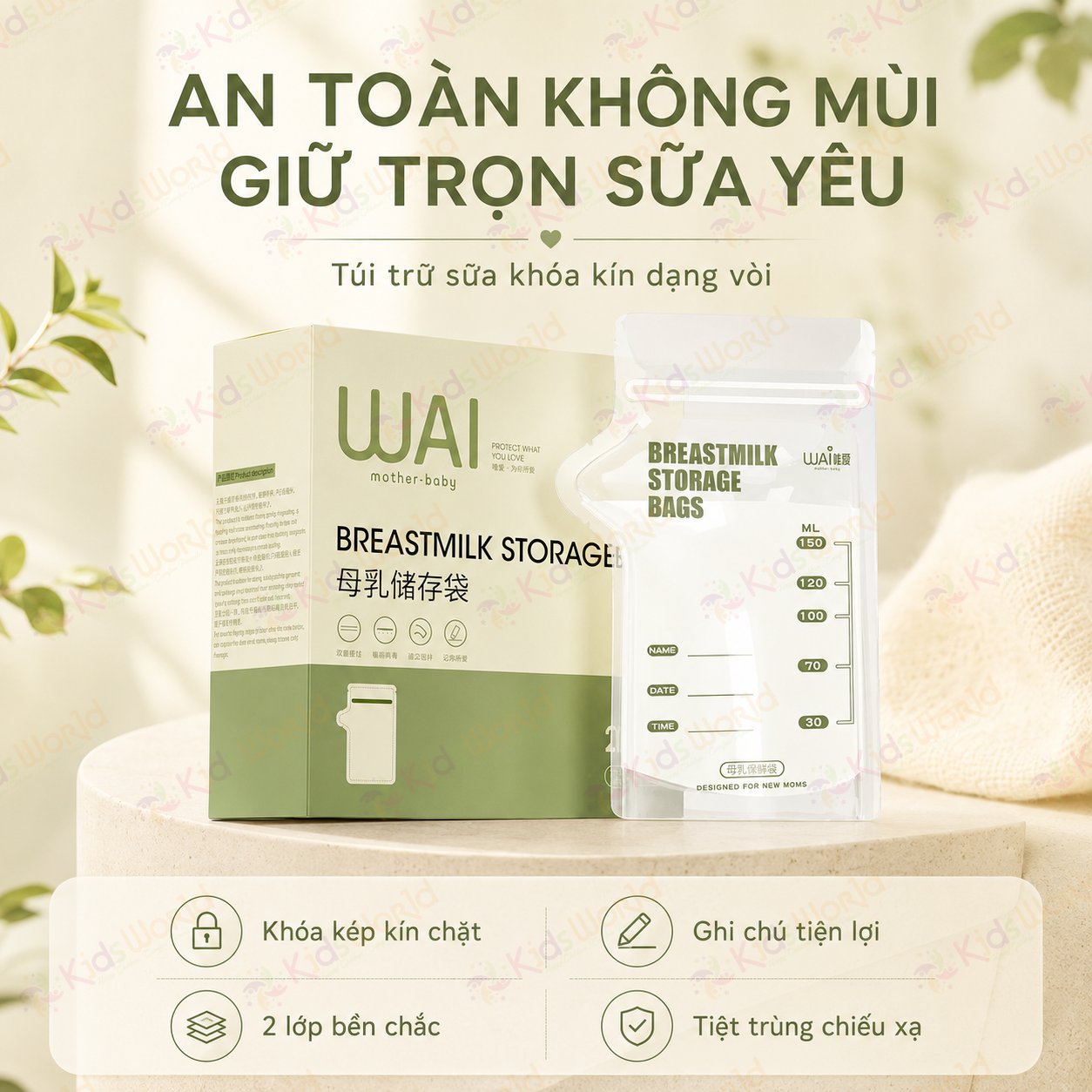 Túi trữ sữa mẹ WAI Breastmilk Storage Bag hộp 30 túi khóa zip kép, vòi rót tiện lợi, an toàn cho bé