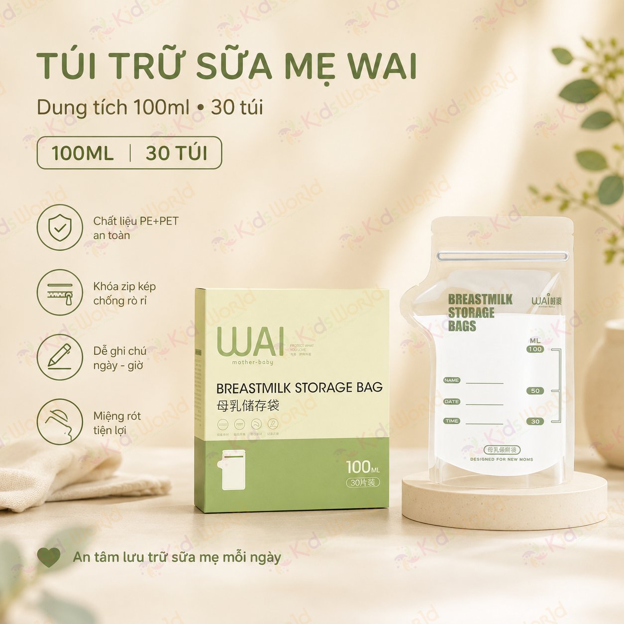 Túi trữ sữa mẹ WAI Breastmilk Storage Bag hộp 30 túi khóa zip kép, vòi rót tiện lợi, an toàn cho bé