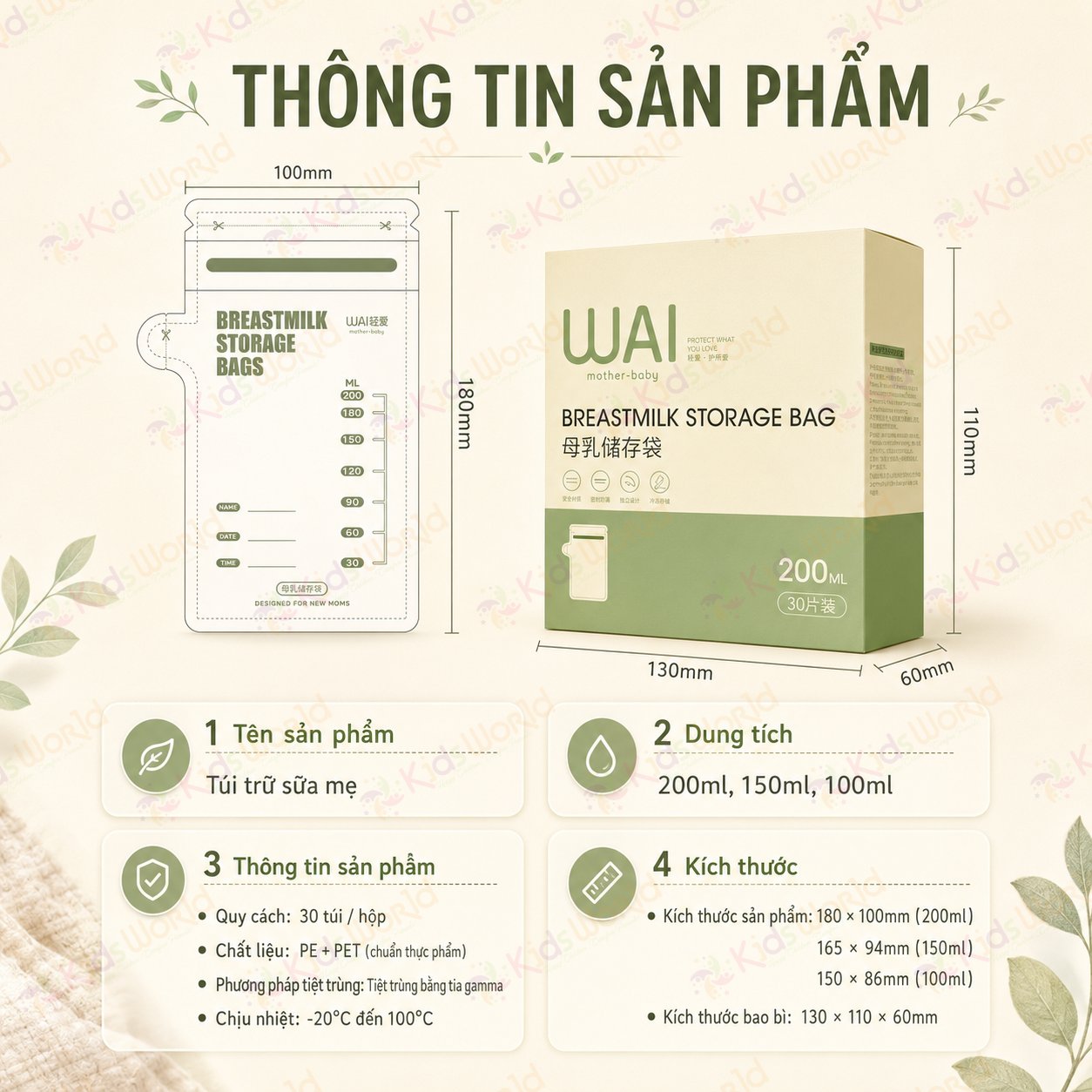 Túi trữ sữa mẹ WAI Breastmilk Storage Bag hộp 30 túi khóa zip kép, vòi rót tiện lợi, an toàn cho bé