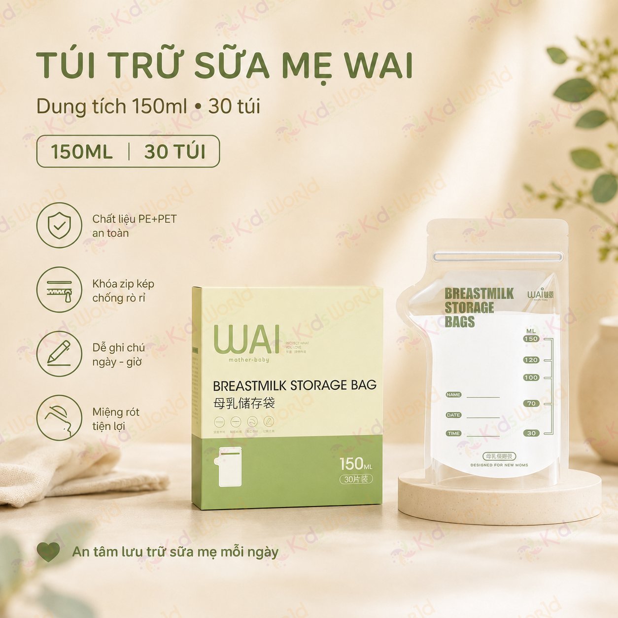 Túi trữ sữa mẹ WAI Breastmilk Storage Bag hộp 30 túi khóa zip kép, vòi rót tiện lợi, an toàn cho bé