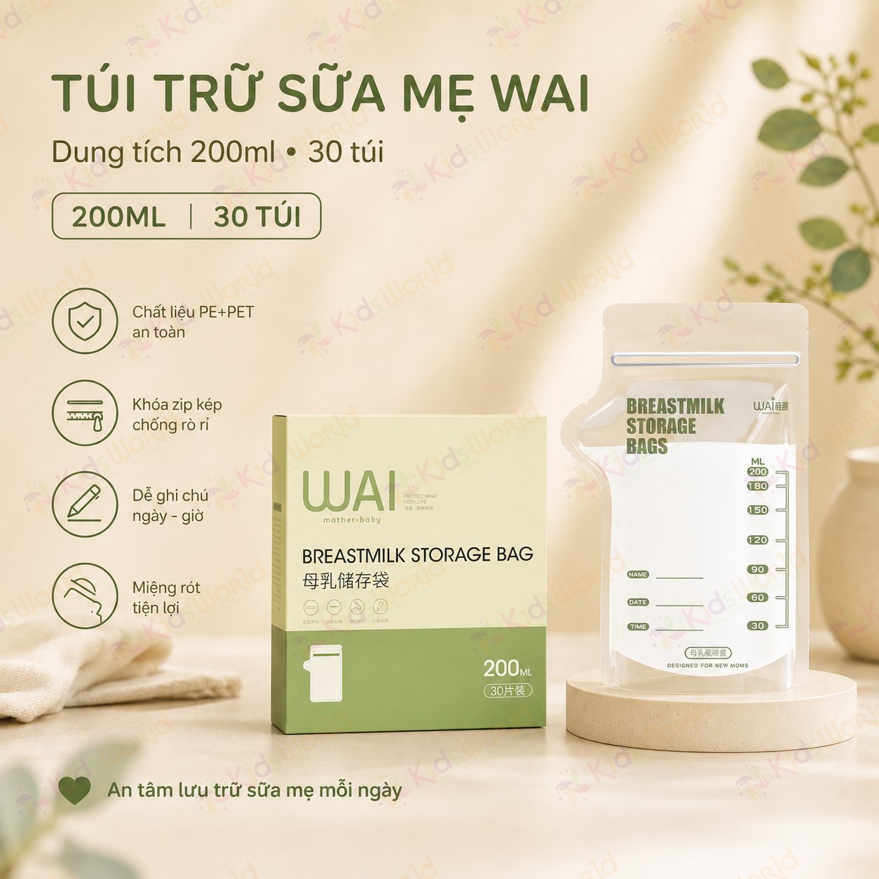 Túi trữ sữa mẹ WAI Breastmilk Storage Bag hộp 30 túi khóa zip kép, vòi rót tiện lợi, an toàn cho bé
