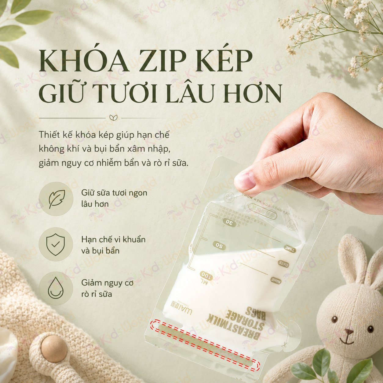 Túi trữ sữa mẹ WAI Breastmilk Storage Bag hộp 30 túi khóa zip kép, vòi rót tiện lợi, an toàn cho bé