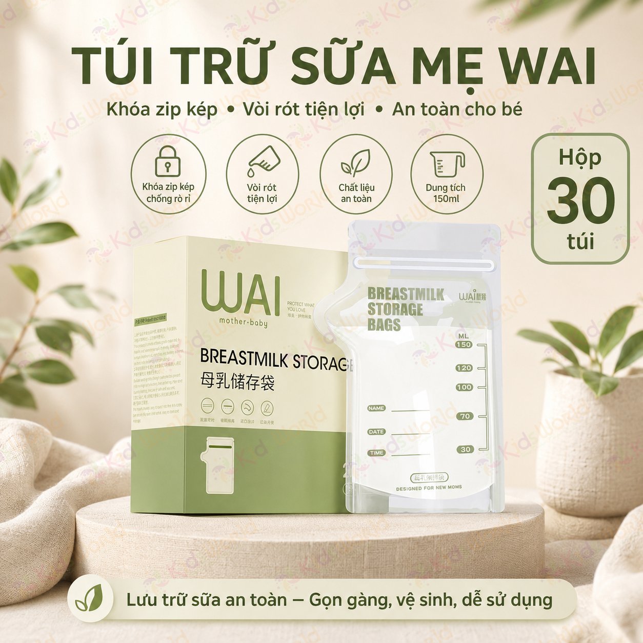 Túi trữ sữa mẹ WAI Breastmilk Storage Bag hộp 30 túi khóa zip kép, vòi rót tiện lợi, an toàn cho bé
