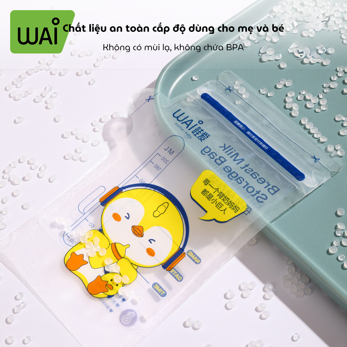 Túi trữ sữa mẹ WAI Breast Milk Storage mẫu mới cảm biến nhiệt độ đổi màu bịch 30 túi có vòi rót tiện lợi an toàn