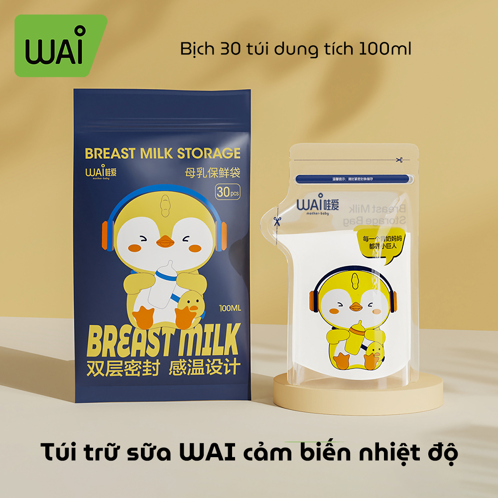 Túi trữ sữa mẹ WAI Breast Milk Storage mẫu mới cảm biến nhiệt độ đổi màu bịch 30 túi có vòi rót tiện lợi an toàn