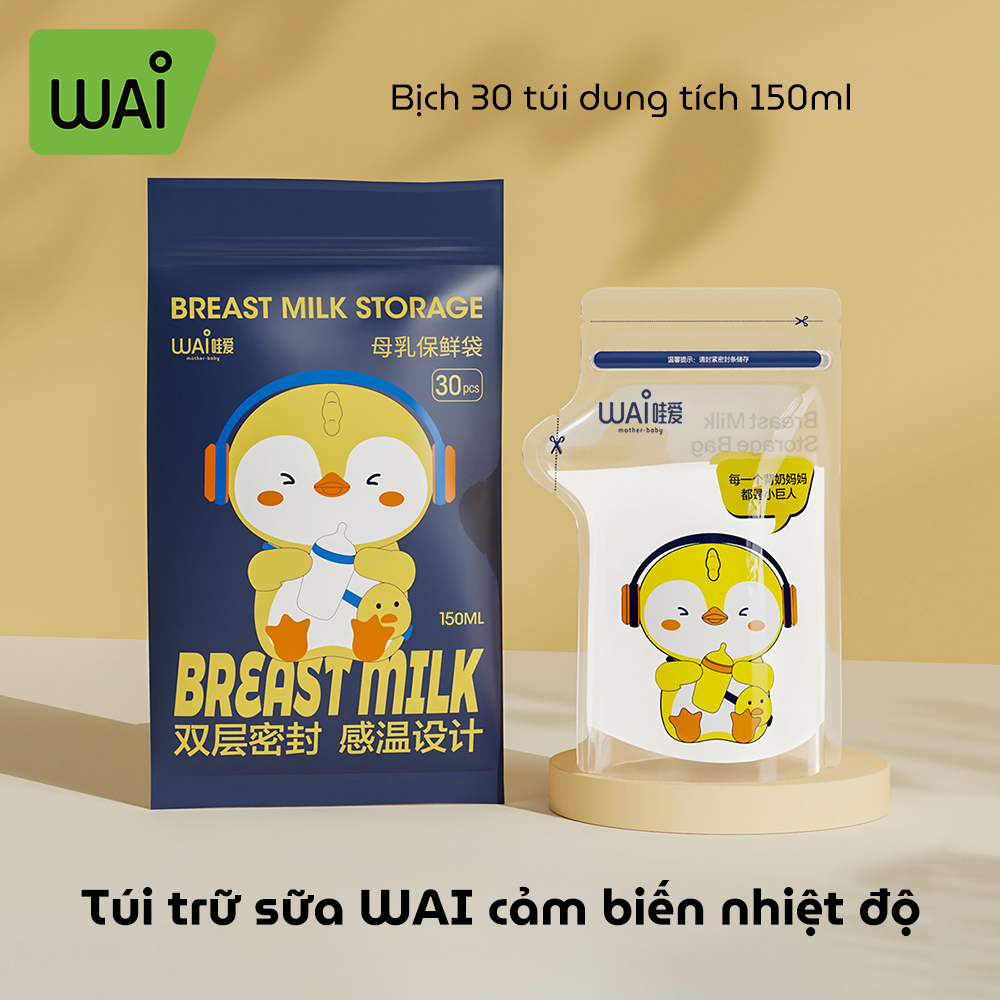Túi trữ sữa mẹ WAI Breast Milk Storage mẫu mới cảm biến nhiệt độ đổi màu bịch 30 túi có vòi rót tiện lợi an toàn