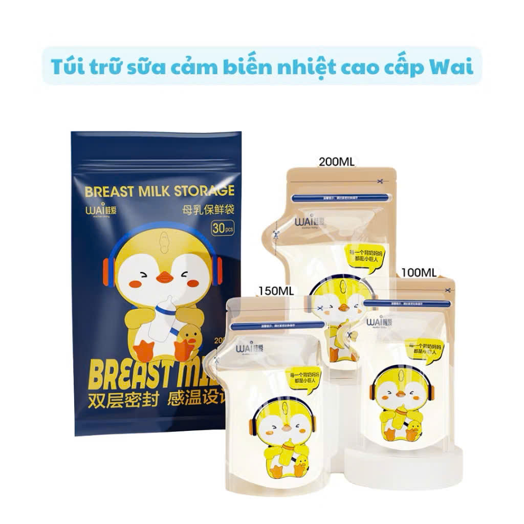 Túi trữ sữa mẹ WAI Breast Milk Storage mẫu mới cảm biến nhiệt độ đổi màu bịch 30 túi có vòi rót tiện lợi an toàn