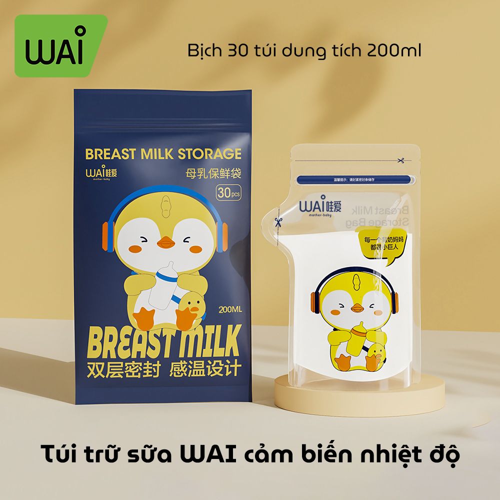 Túi trữ sữa mẹ WAI Breast Milk Storage mẫu mới cảm biến nhiệt độ đổi màu bịch 30 túi có vòi rót tiện lợi an toàn