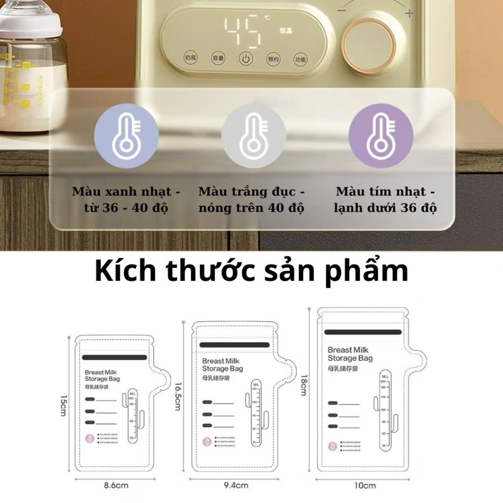Túi trữ sữa mẹ WAI Breast Milk Storage mẫu mới cảm biến nhiệt độ đổi màu bịch 30 túi có vòi rót tiện lợi an toàn