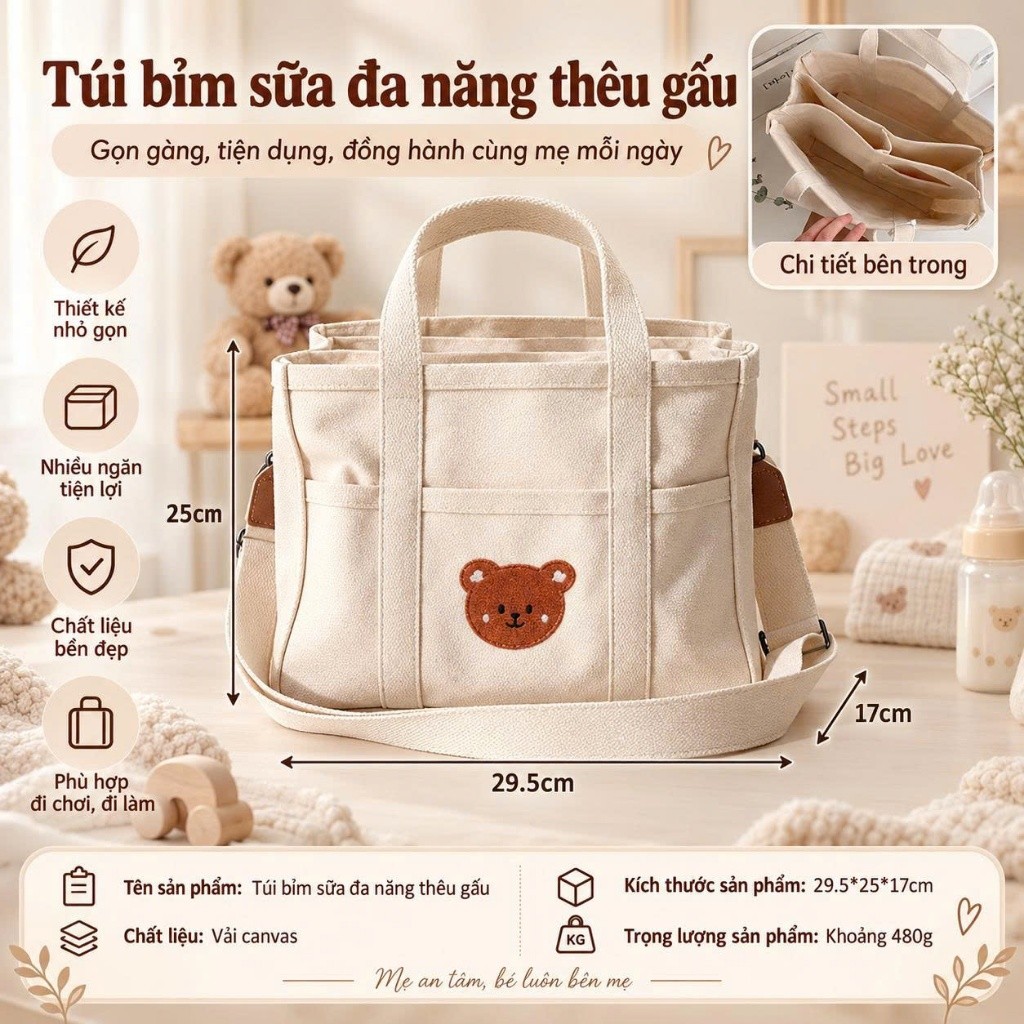 Túi xách bỉm sữa đa năng nhiều ngăn thêu gấu phong cách hàn quốc cao cấp đựng đồ cho mẹ và bé