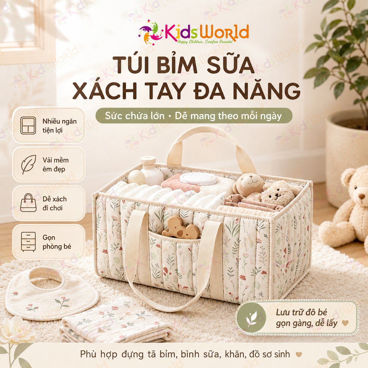 Túi xách đựng đồ bỉm sữa cho mẹ và bé phong cách Hàn Quốc dạng hộp có ngăn sắp xếp tiện lợi sức chứa lớn