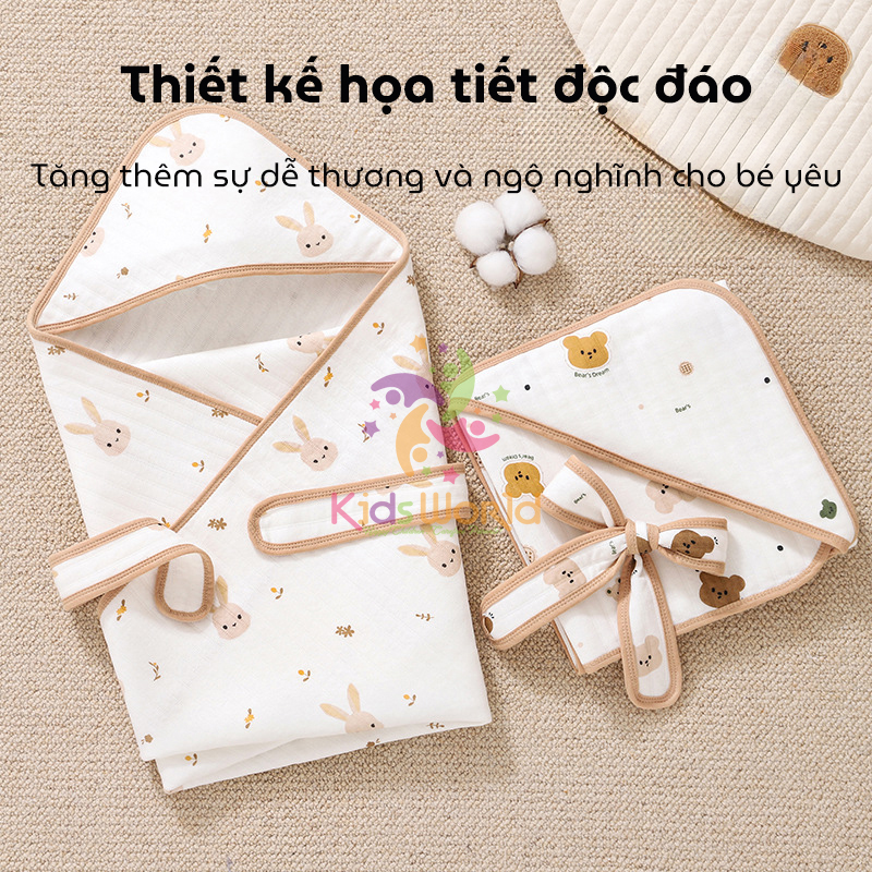Ủ choàng cho bé KidsWorld Cotton nguyên chất có mũ trùm kèm dây đai mẫu viền phong cách Hàn kích thước 85x85cm