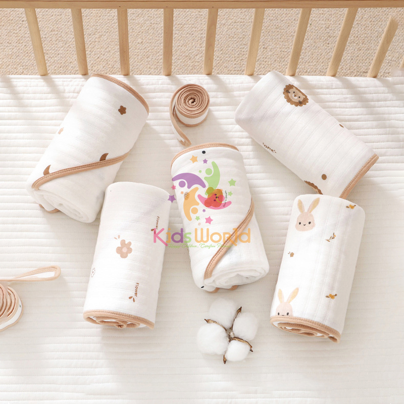 Ủ choàng cho bé KidsWorld Cotton nguyên chất có mũ trùm kèm dây đai mẫu viền phong cách Hàn kích thước 85x85cm