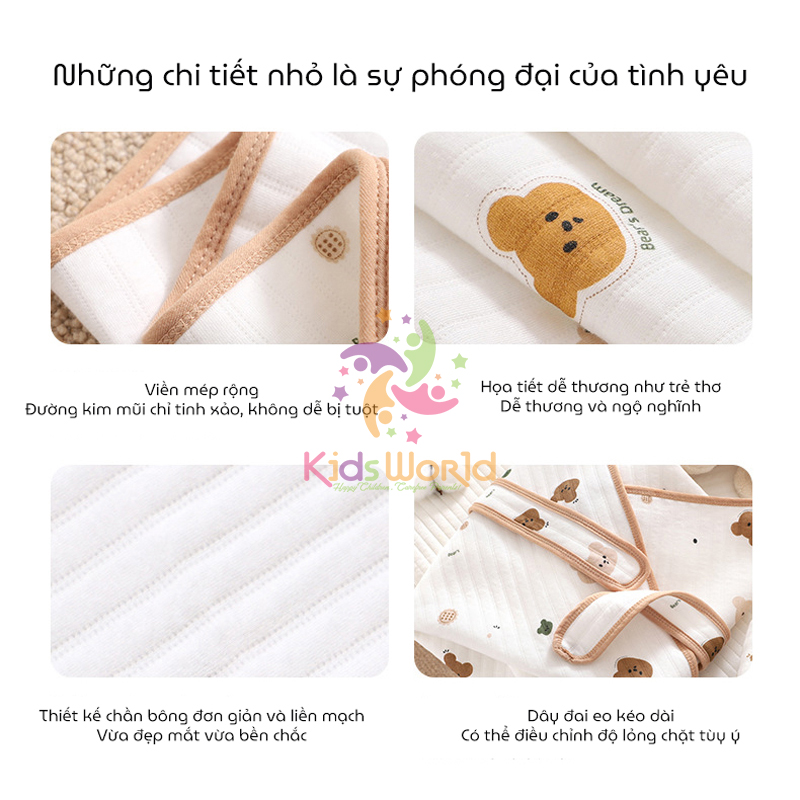 Ủ choàng cho bé KidsWorld Cotton nguyên chất có mũ trùm kèm dây đai mẫu viền phong cách Hàn kích thước 85x85cm
