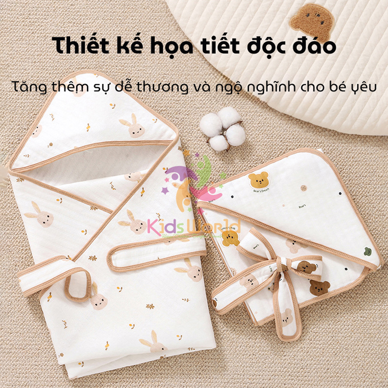 Ủ choàng cho bé KidsWorld Cotton nguyên chất có mũ trùm kèm dây đai mẫu viền phong cách Hàn kích thước 85x85cm