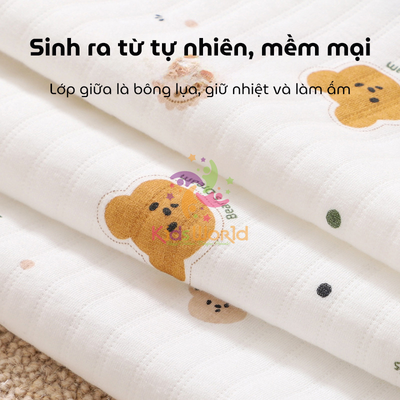Ủ choàng cho bé KidsWorld Cotton nguyên chất có mũ trùm kèm dây đai mẫu viền phong cách Hàn kích thước 85x85cm