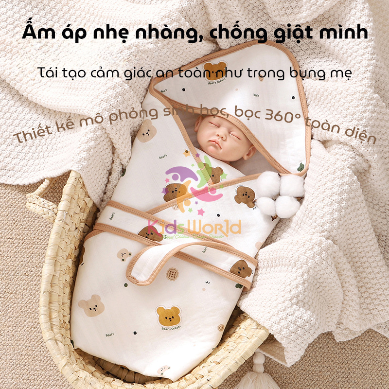 Ủ choàng cho bé KidsWorld Cotton nguyên chất có mũ trùm kèm dây đai mẫu viền phong cách Hàn kích thước 85x85cm