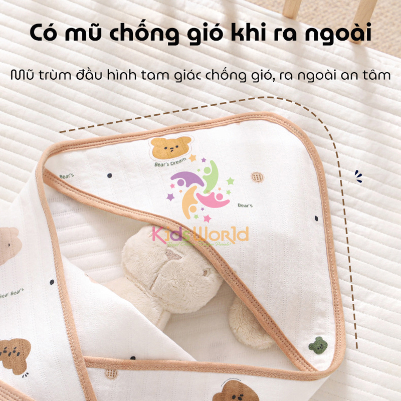 Ủ choàng cho bé KidsWorld Cotton nguyên chất có mũ trùm kèm dây đai mẫu viền phong cách Hàn kích thước 85x85cm