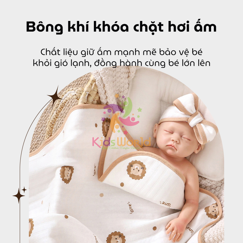 Ủ choàng cho bé KidsWorld Cotton nguyên chất có mũ trùm kèm dây đai mẫu viền phong cách Hàn kích thước 85x85cm