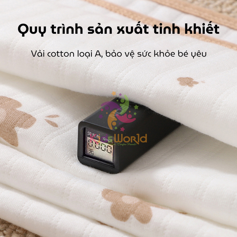 Ủ choàng cho bé KidsWorld Cotton nguyên chất có mũ trùm kèm dây đai mẫu viền phong cách Hàn kích thước 85x85cm