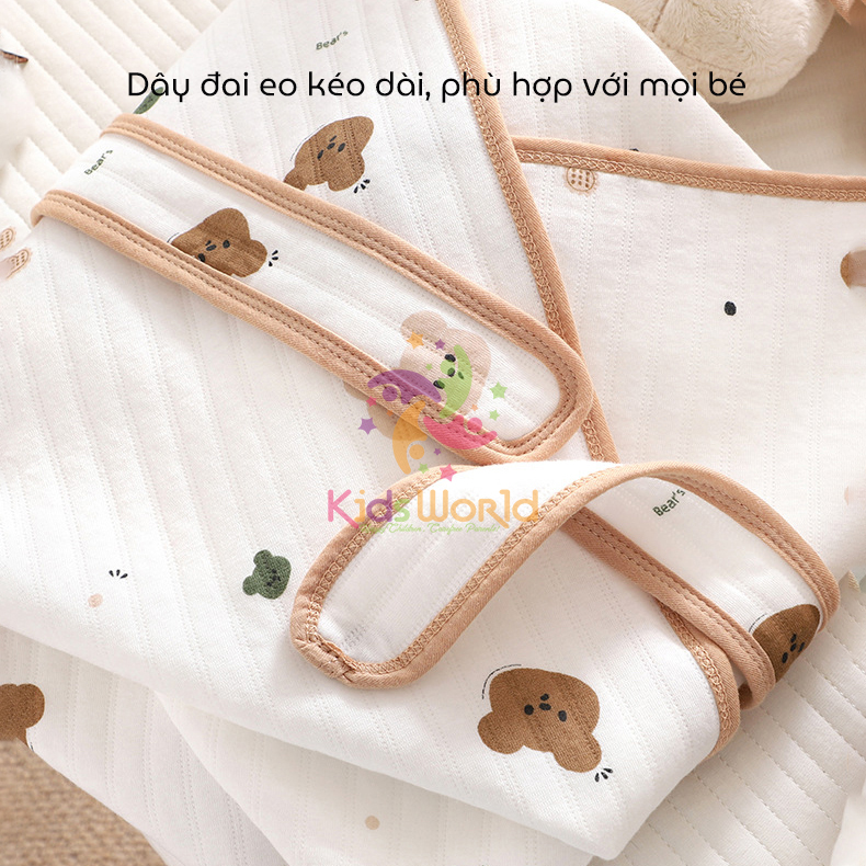 Ủ choàng cho bé KidsWorld Cotton nguyên chất có mũ trùm kèm dây đai mẫu viền phong cách Hàn kích thước 85x85cm