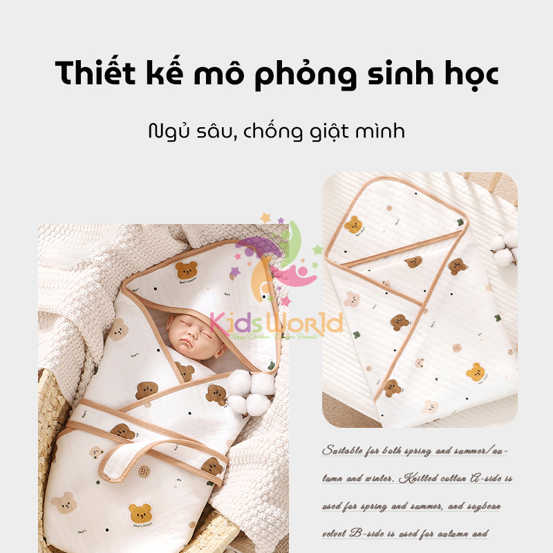 Ủ choàng cho bé KidsWorld Cotton nguyên chất có mũ trùm kèm dây đai mẫu viền phong cách Hàn kích thước 85x85cm