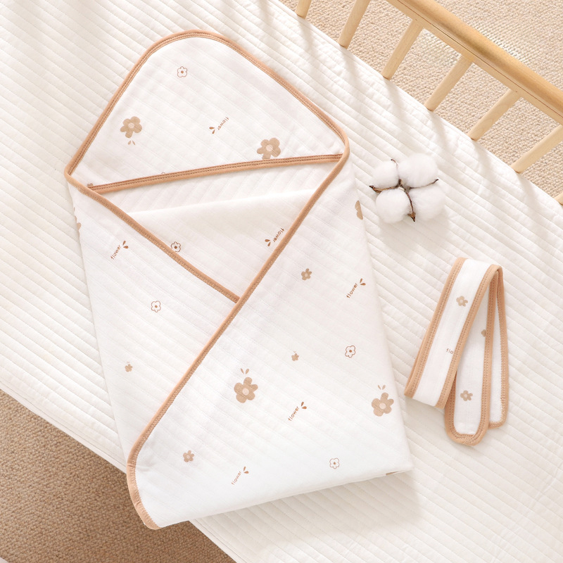Ủ choàng cho bé KidsWorld Cotton nguyên chất có mũ trùm kèm dây đai mẫu viền phong cách Hàn kích thước 85x85cm