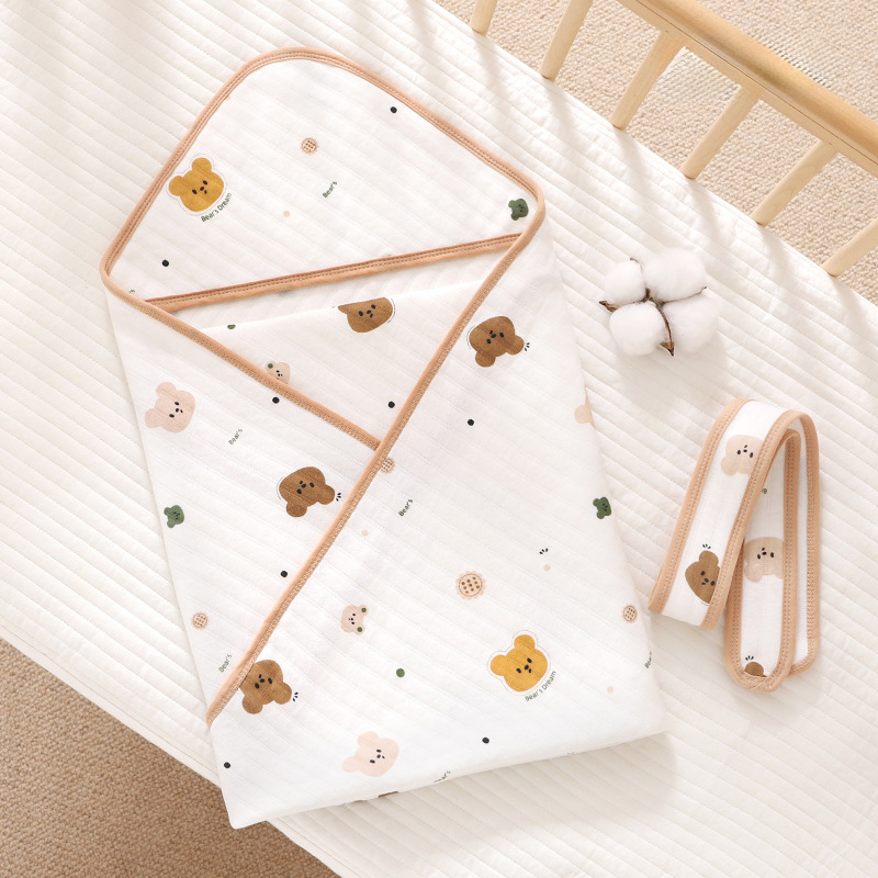 Ủ choàng cho bé KidsWorld Cotton nguyên chất có mũ trùm kèm dây đai mẫu viền phong cách Hàn kích thước 85x85cm