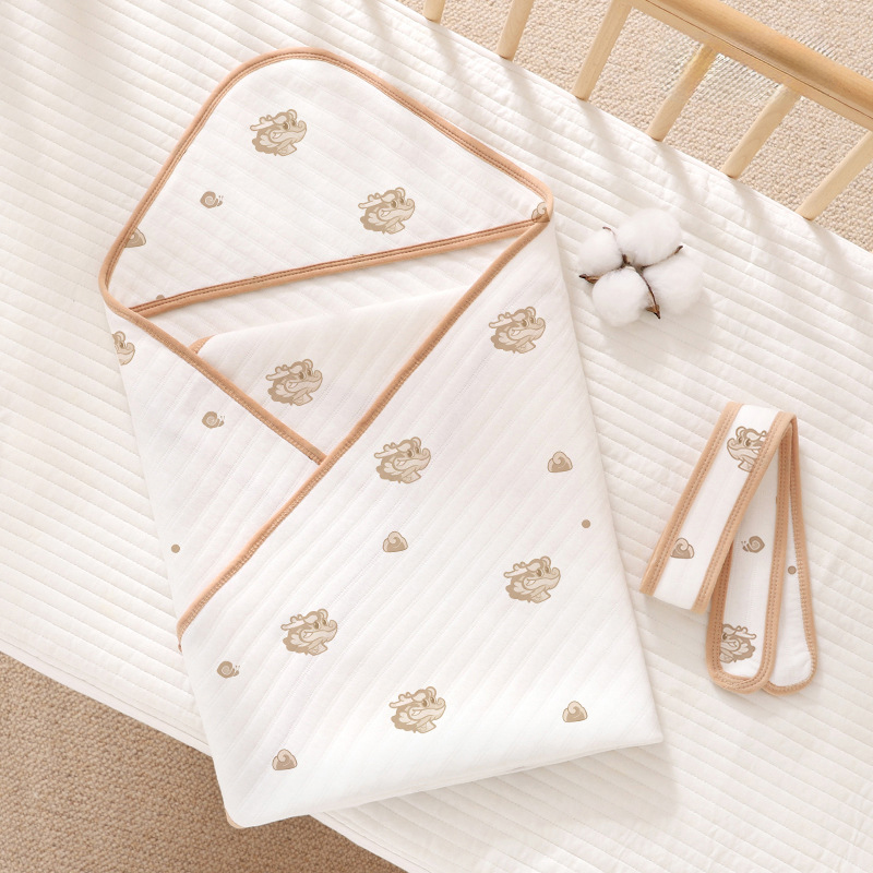 Ủ choàng cho bé KidsWorld Cotton nguyên chất có mũ trùm kèm dây đai mẫu viền phong cách Hàn kích thước 85x85cm