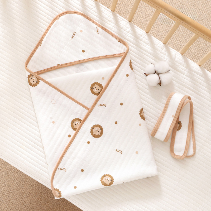 Ủ choàng cho bé KidsWorld Cotton nguyên chất có mũ trùm kèm dây đai mẫu viền phong cách Hàn kích thước 85x85cm