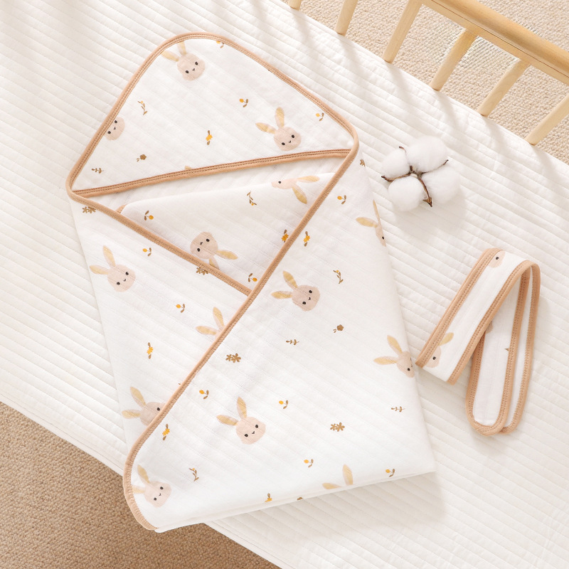 Ủ choàng cho bé KidsWorld Cotton nguyên chất có mũ trùm kèm dây đai mẫu viền phong cách Hàn kích thước 85x85cm