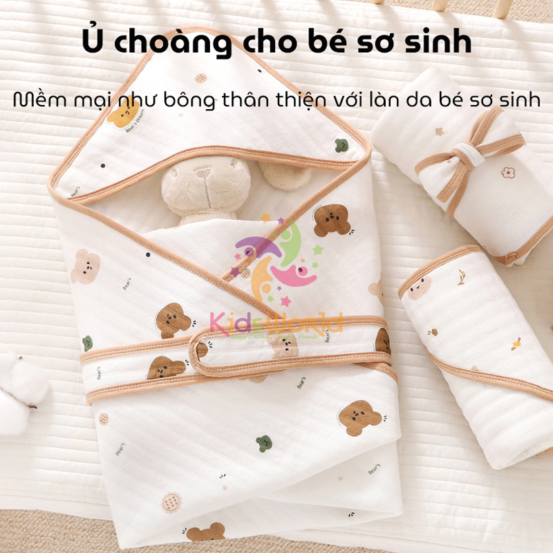 Ủ choàng cho bé KidsWorld Cotton nguyên chất có mũ trùm kèm dây đai mẫu viền phong cách Hàn kích thước 85x85cm