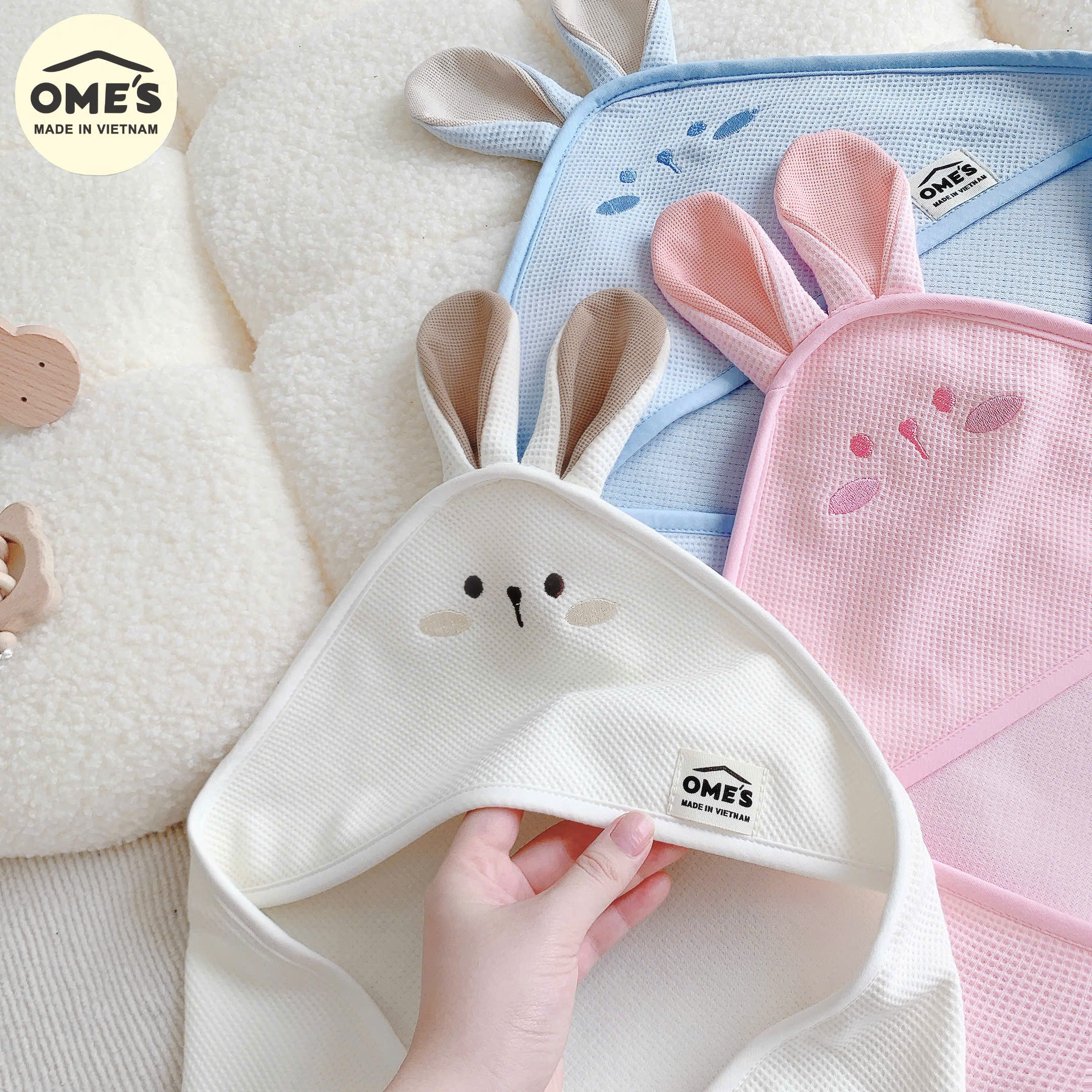 Ủ choàng cho bé sơ sinh hình thỏ OME'S vải Cotton Waffle cao cấp mềm mại ,thoáng khí kích thước 70x70cm