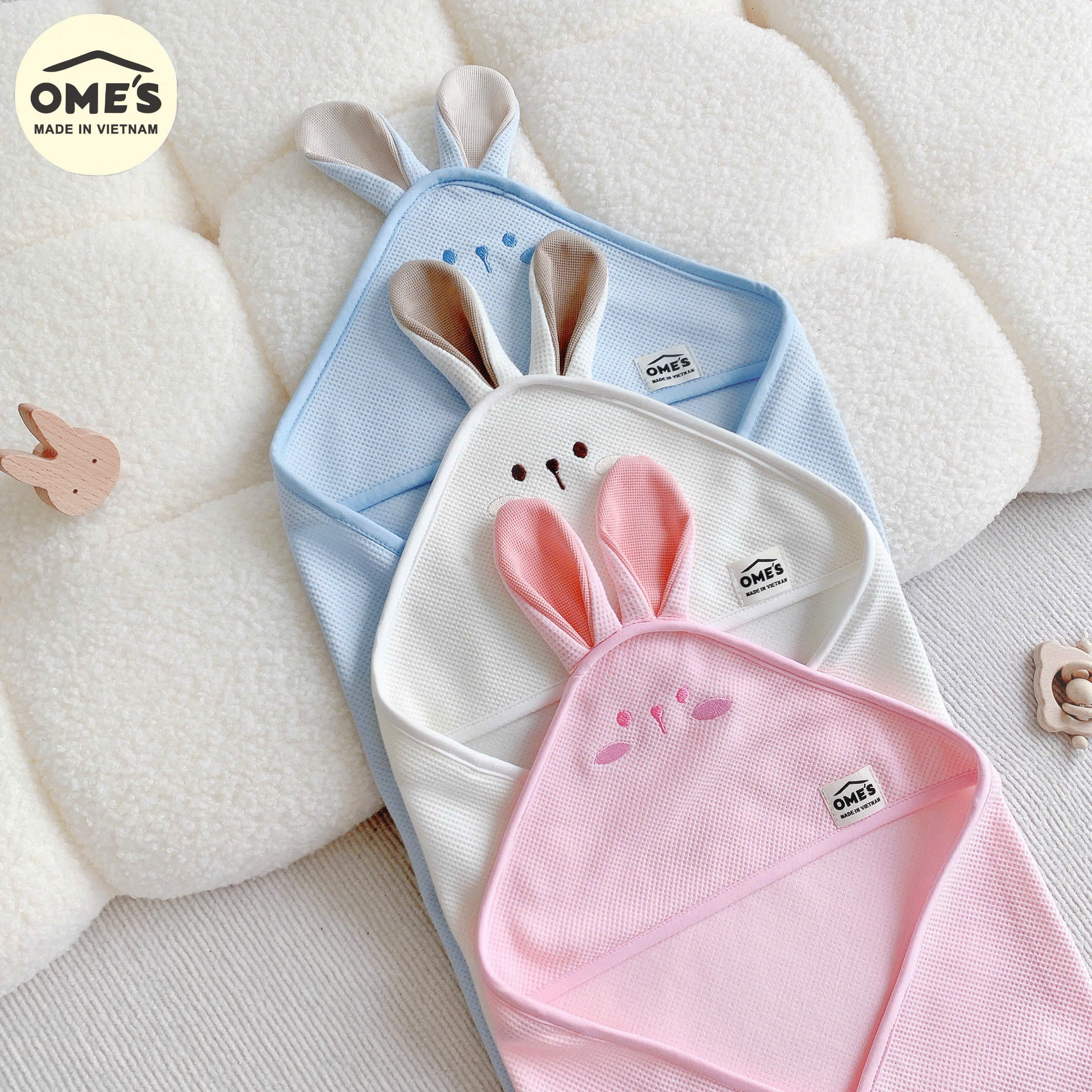 Ủ choàng cho bé sơ sinh hình thỏ OME'S vải Cotton Waffle cao cấp mềm mại ,thoáng khí kích thước 70x70cm