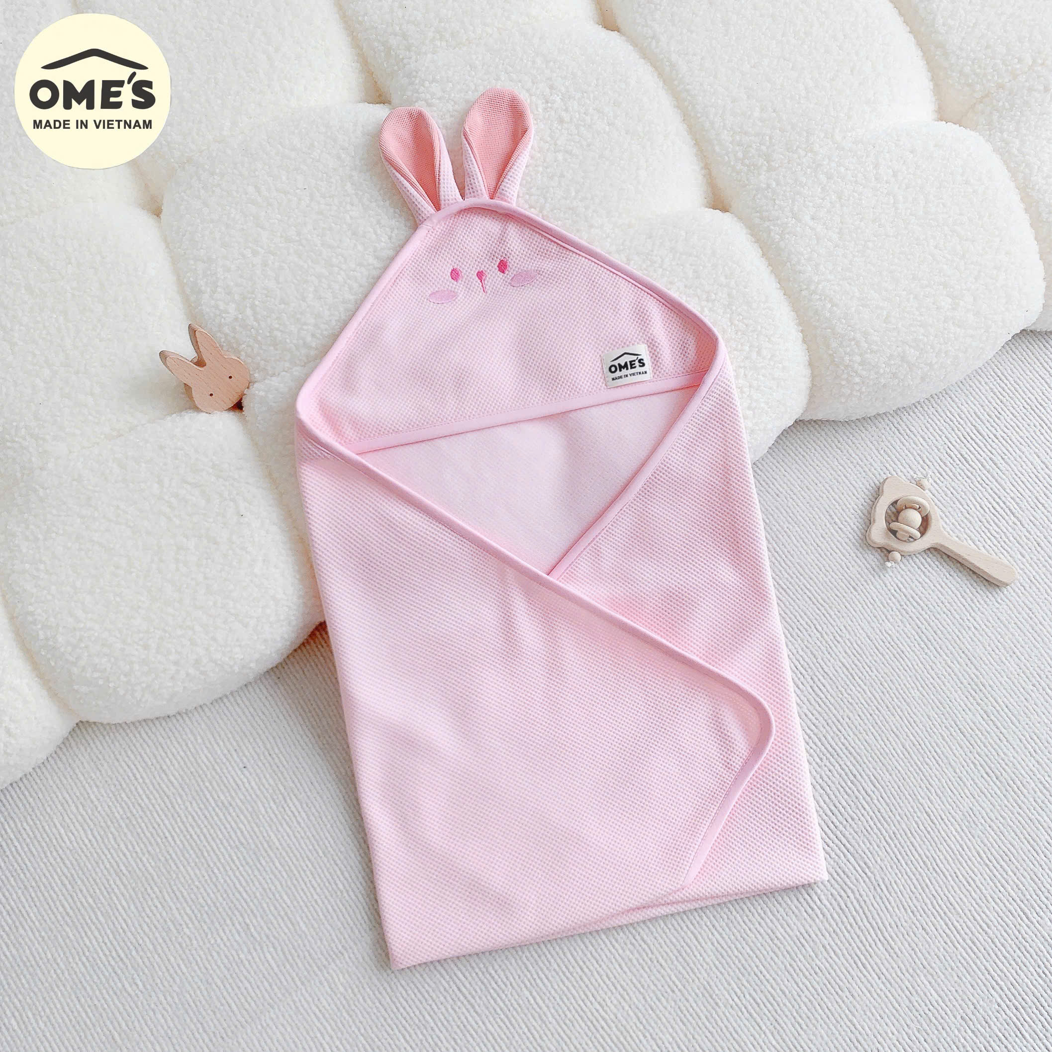 Ủ choàng cho bé sơ sinh hình thỏ OME'S vải Cotton Waffle cao cấp mềm mại ,thoáng khí kích thước 70x70cm