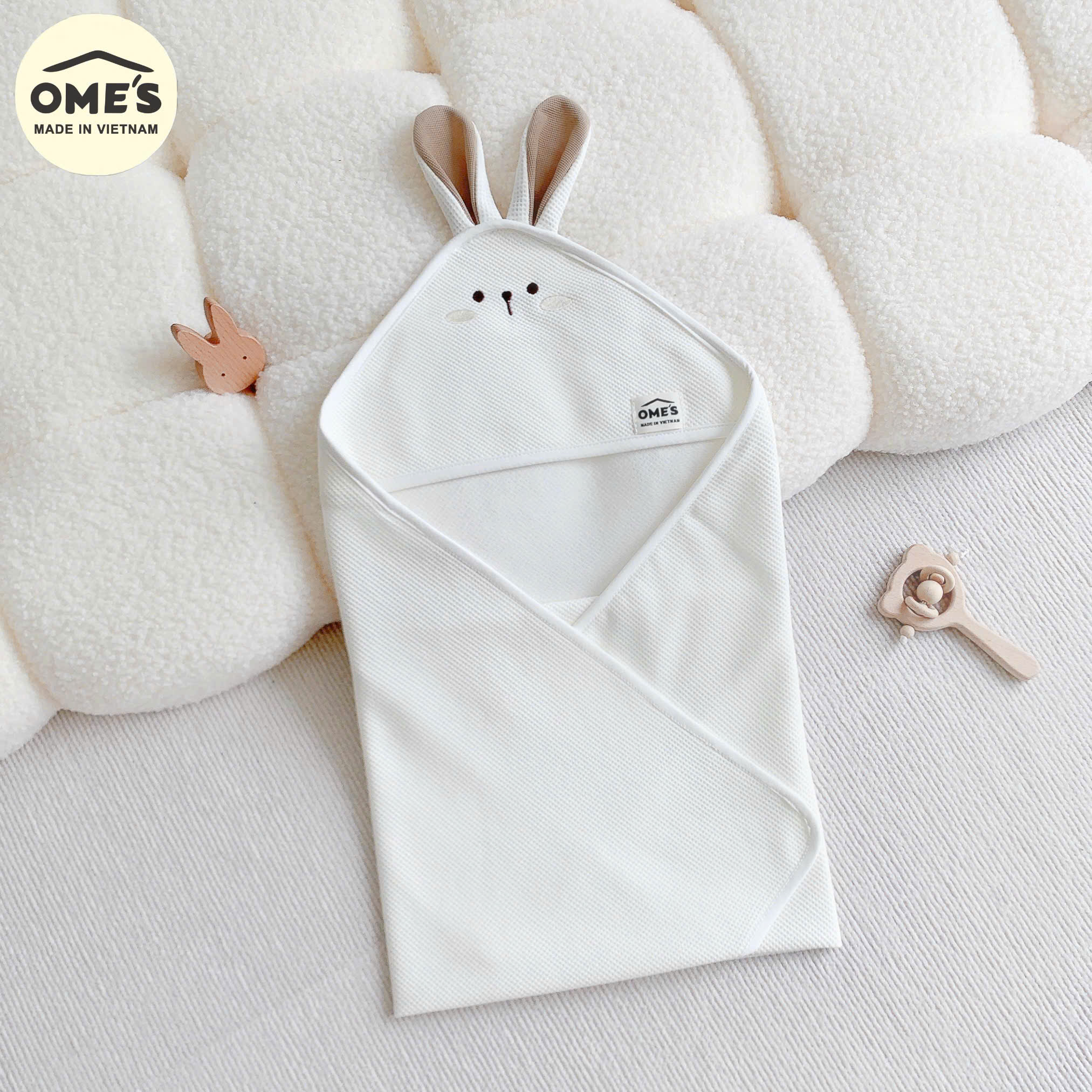 Ủ choàng cho bé sơ sinh hình thỏ OME'S vải Cotton Waffle cao cấp mềm mại ,thoáng khí kích thước 70x70cm