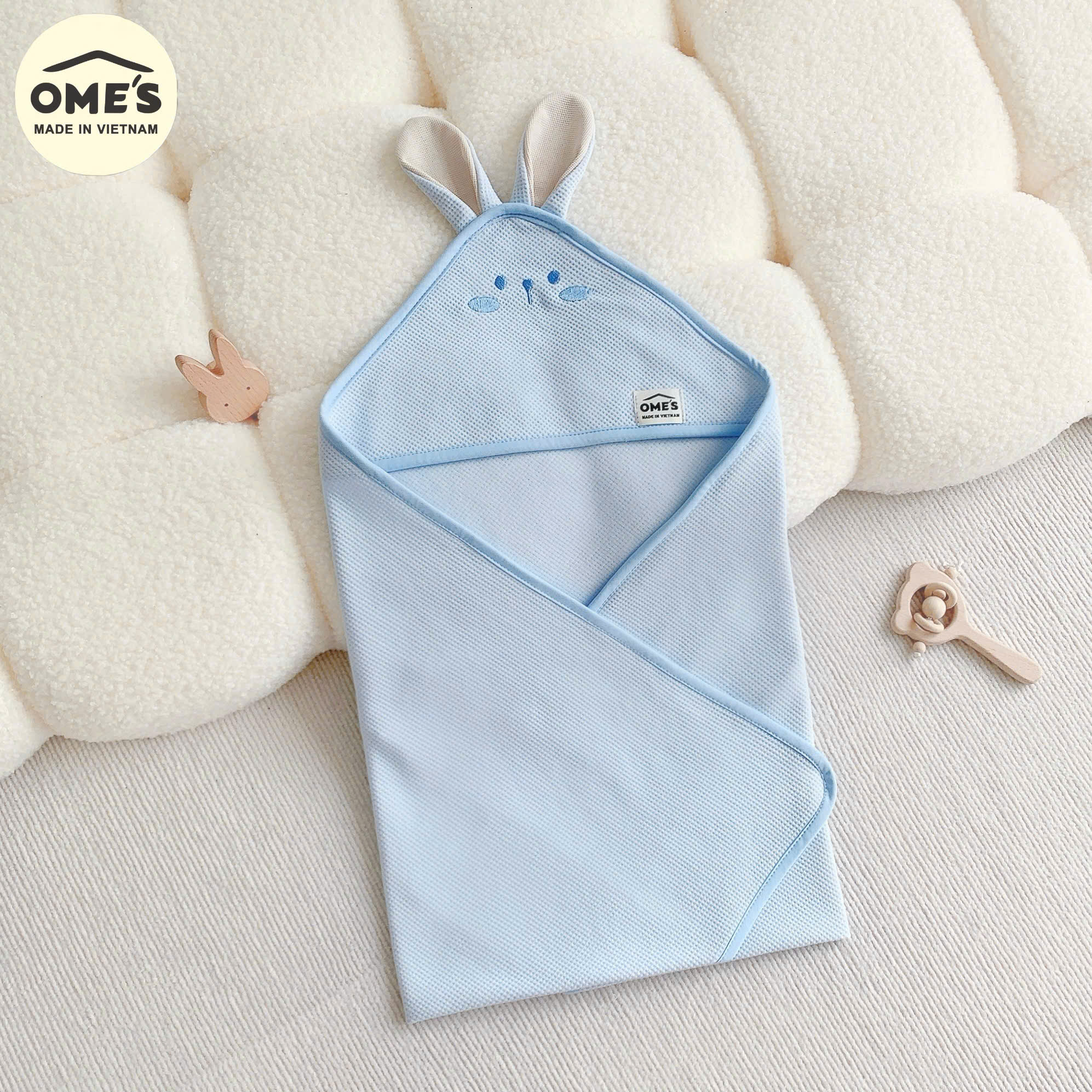Ủ choàng cho bé sơ sinh hình thỏ OME'S vải Cotton Waffle cao cấp mềm mại ,thoáng khí kích thước 70x70cm