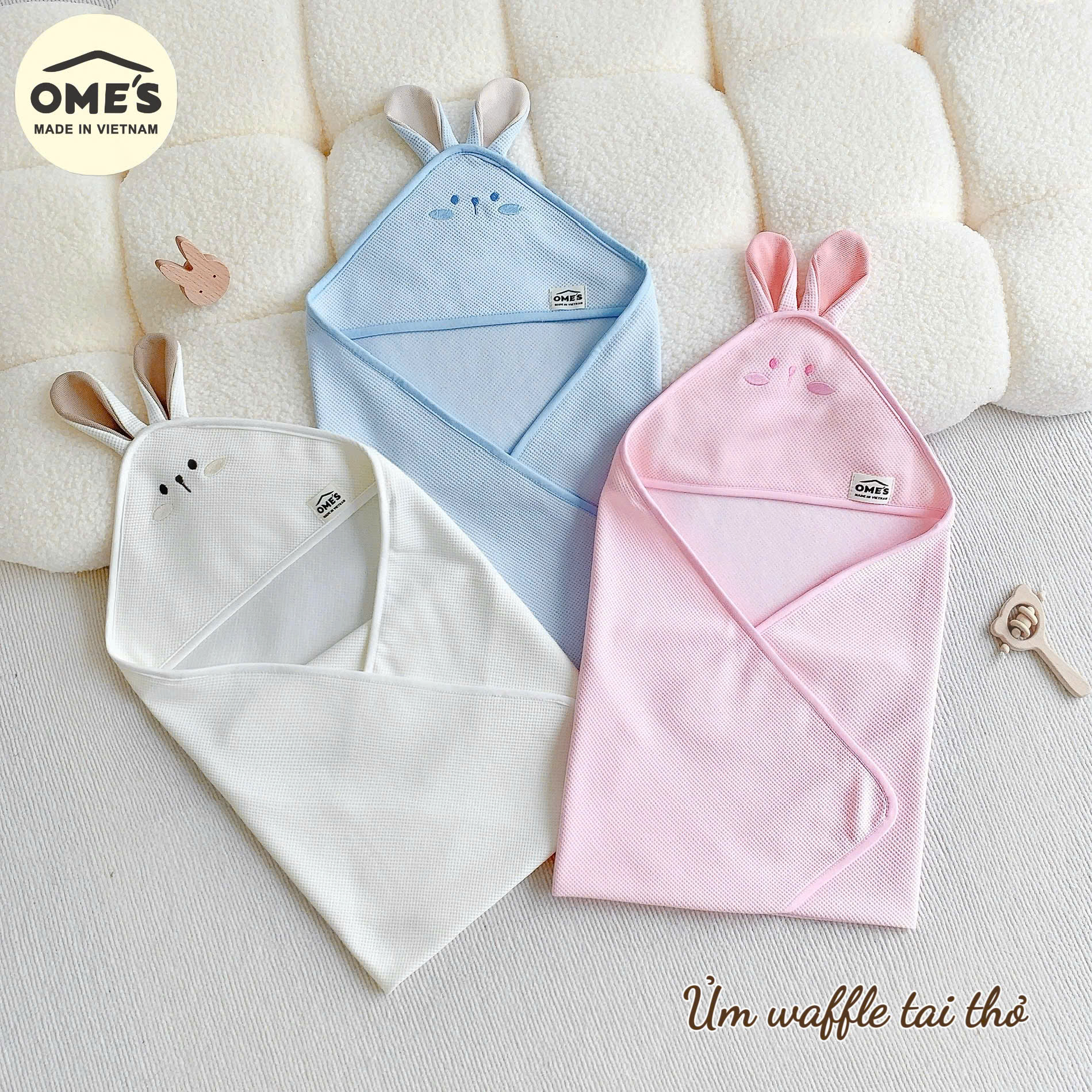 Ủ choàng cho bé sơ sinh hình thỏ OME'S vải Cotton Waffle cao cấp mềm mại ,thoáng khí kích thước 70x70cm